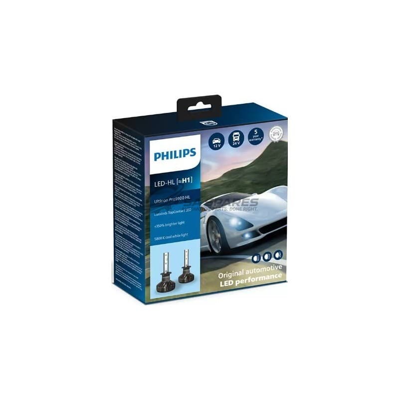 PHILIPS LED Philips H1 LED Ultinon Pro9100 5800K 1500lm 12&24V 20W +350% More Light 5000Hrs Set of Two
