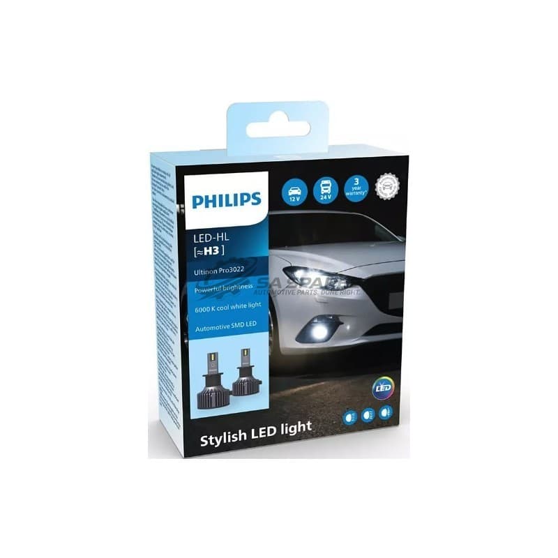 PHILIPS LED Philips H3 Ultinon Pro3022 6000K 1500 lm 12V&24V 18W +160% More Light 2000hrs Set of Two