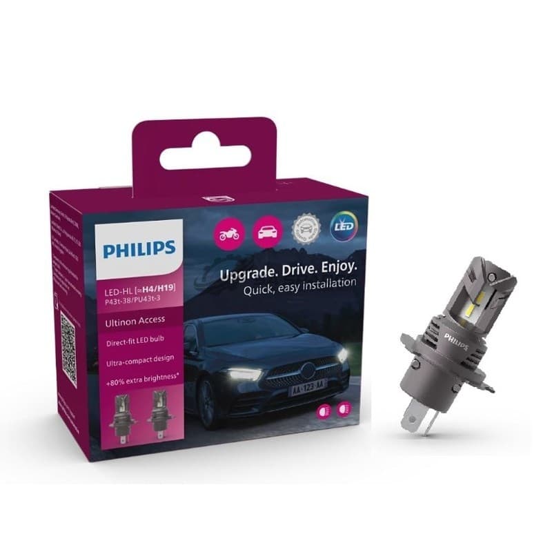 PHILIPS LED Philips H4 | H19 UltinonAccess Pro2500 6000K 1000 | 1500lm12V 20W 80% More Light Set of Two U2500 COMPACT DESIGN