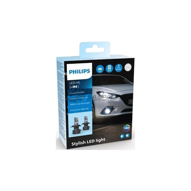 PHILIPS LED Philips H4 Ultinon Pro3022 H4 6000K 1500lm 12V&24V 20W +160% More Light 2000hrs Set of Two