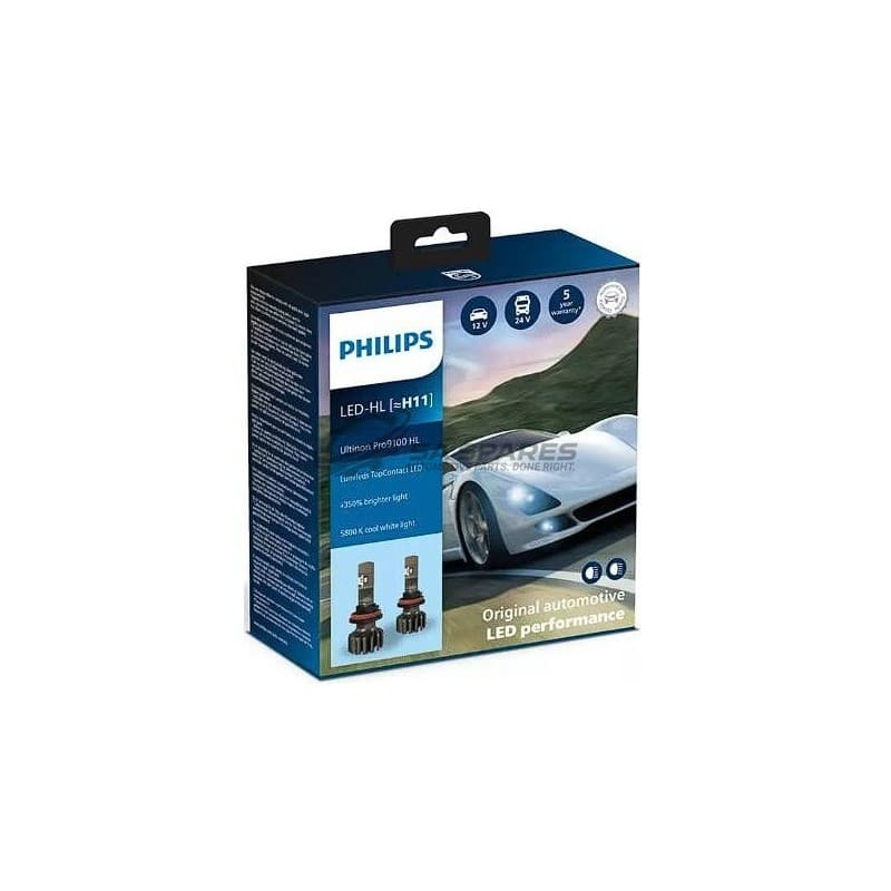 PHILIPS LED Philips H11 LED Ultinon Pro9100 5800K 1350lm 12&24V 16W +350% More Light 5000Hrs Set of Two