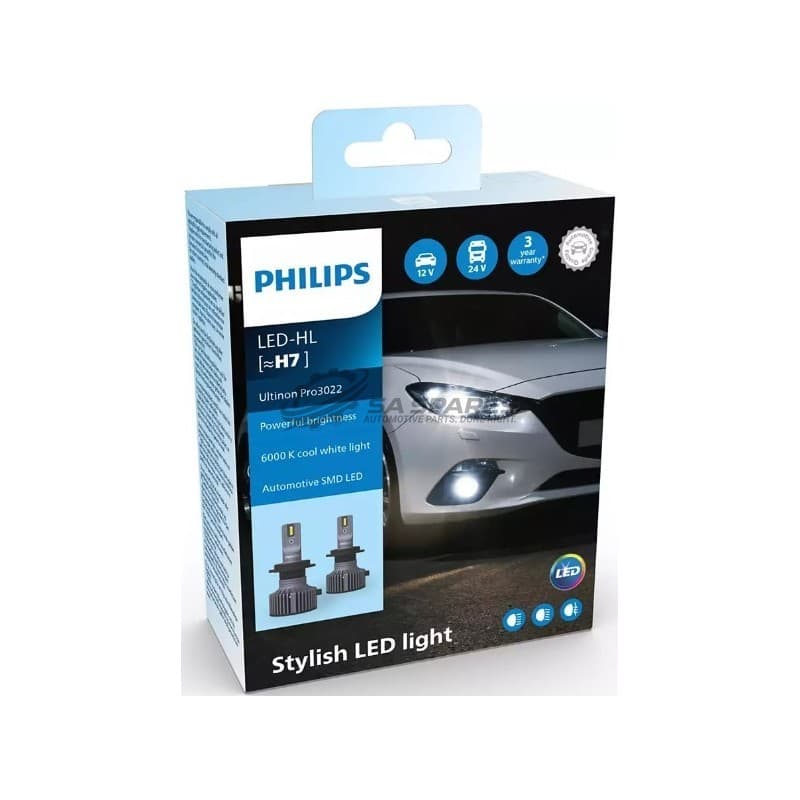 PHILIPS LED Philips H7 Ultinon Pro3022 H7 6000K 1500lm12V&24V 20W +160% More Light 2000hrs Set of Two