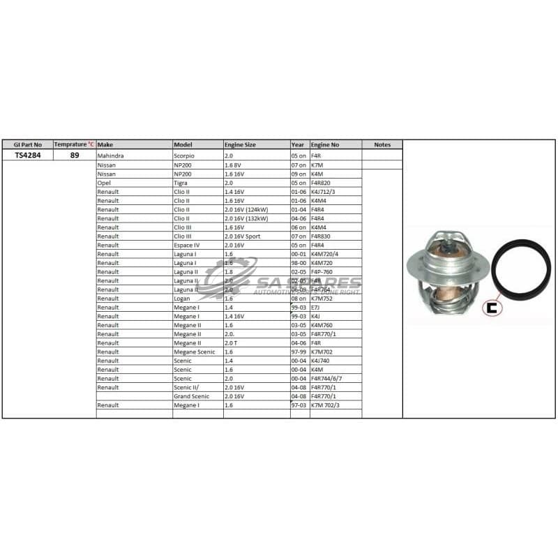 Thermostat Mahindra Scorpio Nissan NP200 Opel Tigra Renault 3 Espace Laguna 1 2 Scenic 1.4 -2.0 16v 89 degrees C image 1