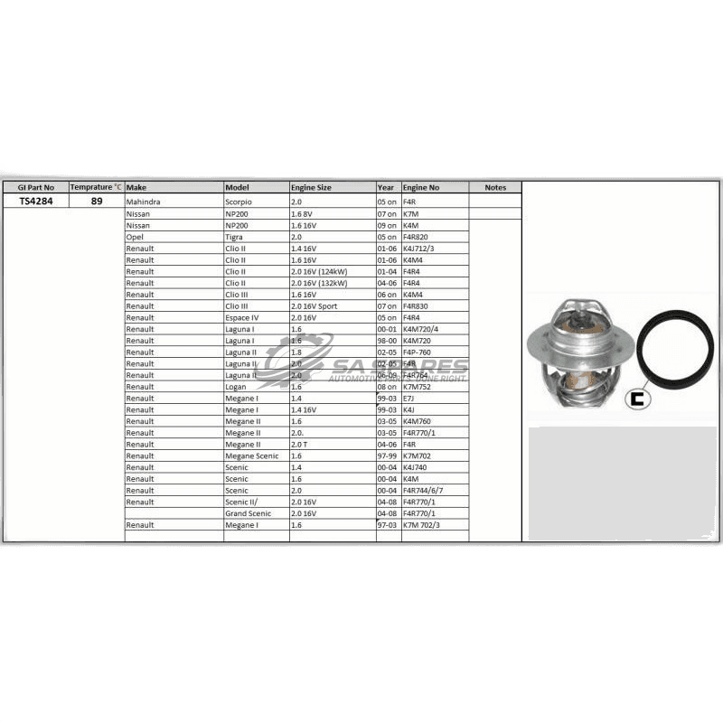 Thermostat Mahindra Scorpio Nissan NP200 Opel Tigra Renault 3 Espace Laguna 1 2 Scenic 1.4 -2.0 16v 89 degrees C thumbnail 2