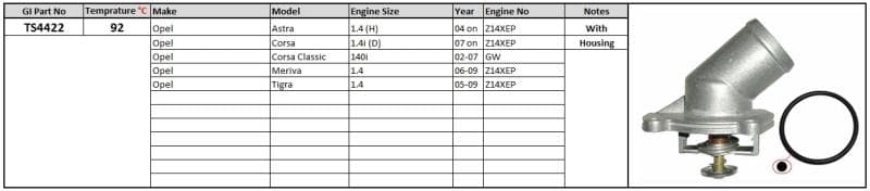 GENERIC Thermostat and Housing Opel Astra Corsa 02-Meriva Tigra 1.4 02- Chev Utility 1.4 11- 92 degrees C