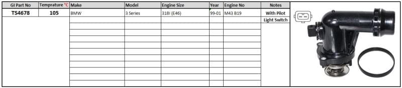 GENERIC Thermostat and Housing BMW E46 318i 98- 105 degrees C with pilot light switch