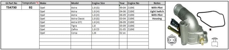 GENERIC Thermostat and Housing Opel Astra Tigra 99-Zafira Corsa 1.8 (G/H/CD) 92 degrees C pilot light