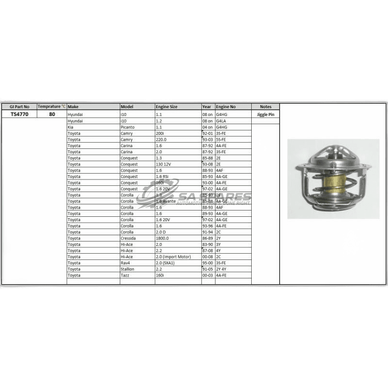 Thermostat Hyundai i10 Kia Conquest Corolla Cressida HiAce Rav4 Stallion Tazz 1.1-2.2 3Y 4Y thumbnail 2