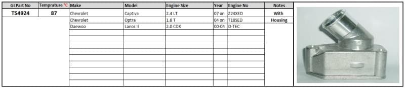 Thermostat and Housing Chev Captiva 2.4 1.8T Daewoo Lanos 87 degreesC image 1