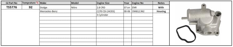 Thermostat and Housing Dodge Nitro 2.8CRD 07- Merc C270 CDi 08- Thermostat 92 degrees C image 1
