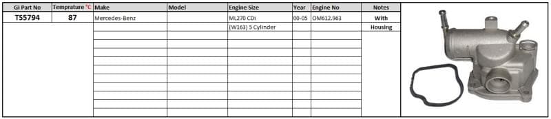 Thermostat and Housing Merc ML 00-ML270CDi W163 87 degrees C image 1
