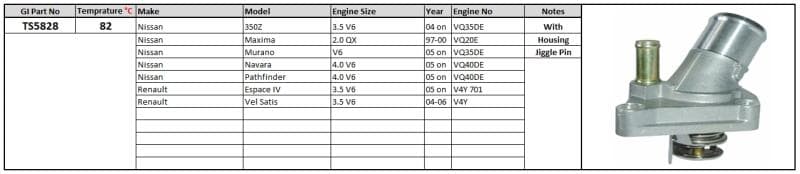 Thermostat and Housing Nissan 97- (No Suggestions) Maxima 2.0 QX Murano Navara/Pathfinder 4.0V6 82 Degrees C image 1
