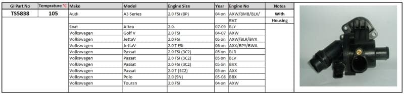 Thermostat and Housing Audi A3 04- Seat Altea VW Golf 5 Jetta 5 Touran Passat Polo 9N 105 Degrees C image 1