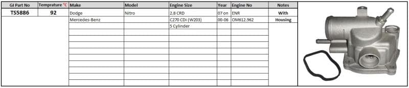 Thermostat and Housing Merc W203 00-C270 CDi Dodge Nitro 2.8 CRD 92 degreesC image 1